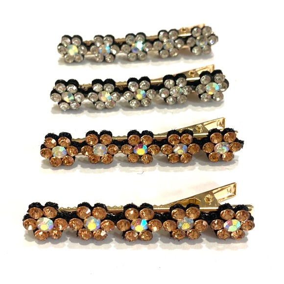 Hair Clips Clear And Peach Rhinestone Flowers Gold Tone Set Of 4 - Picture 2 of 4